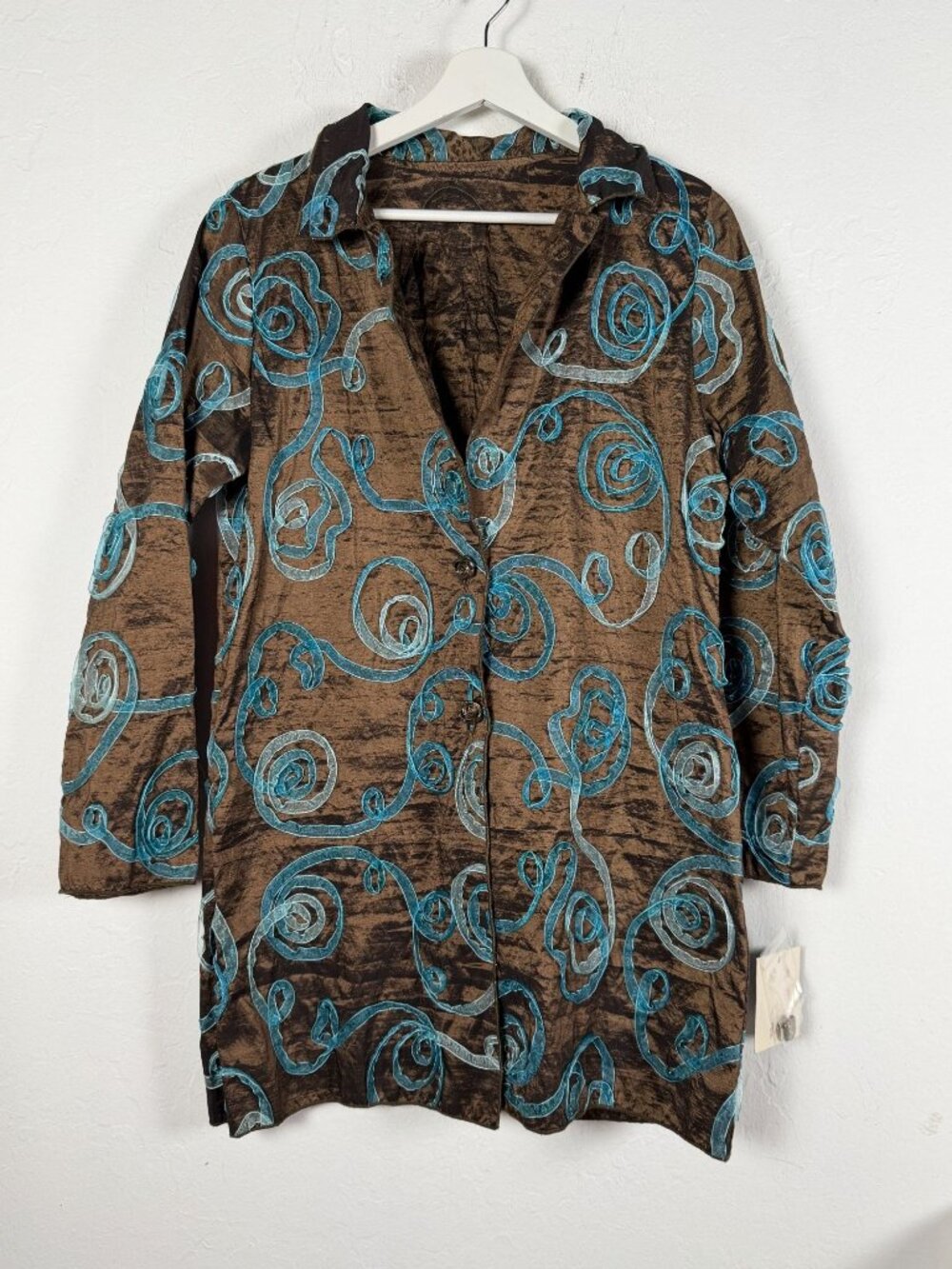 Winding River Art Wear Jacket Brown Turquoise Swirl Embroidery Boho Medium New
